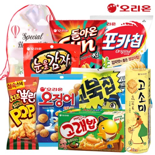 (파우치백)오리온 과자가필요해8종1호(꼬북칩,눈을감자,돌아온썬,오징어땅콩,치즈뿌린치킨팝,포카칩,고래밥,고소미)